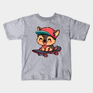 German Shepherd Puppy On A Skateboard Kawaii Skateboarding Kids T-Shirt